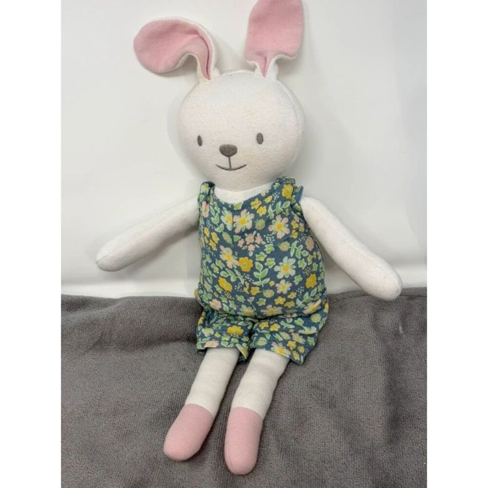 Vintage Style White Knit Bunny Rabbit Plush Doll Floral Romper Jumpsuit 12”